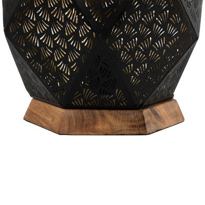  Northlight Laser-Cut Leaf Pattern Iron Table Lamp With Wood Base - 16.5" - Black And Gold