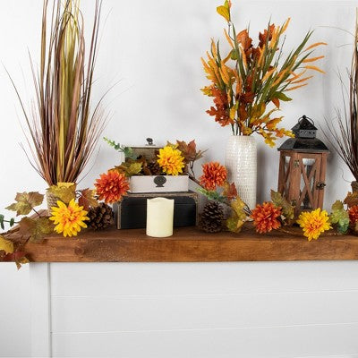  Northlight 5.5' X 6" Autumn Harvest Orange And Yellow Mums With Maple Leaves Garland - Unlit