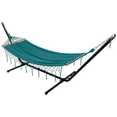  Northlight Hammock With Netted Fringe And Wooden Bars - 100" X 41" - Teal Green