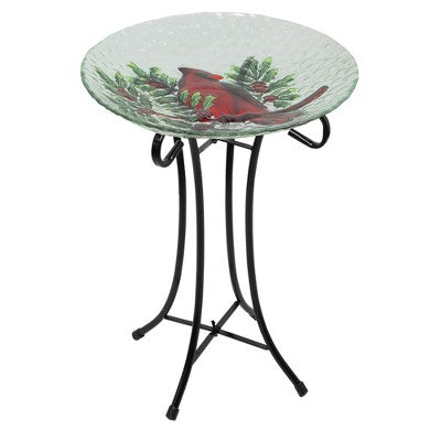  Northlight 21" Red Cardinal And Pine Cone Glass Bird Bath With Stand