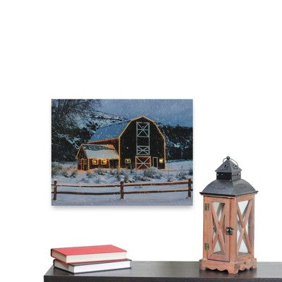  Northlight LED Fiber Optic Snowy Red Barn Christmas Canvas Wall Art 15.75" X 12"