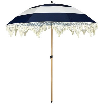  Northlight Striped Outdoor Tilting Macrame Boho Beach Market Umbrella - 6.5' - Blue And White