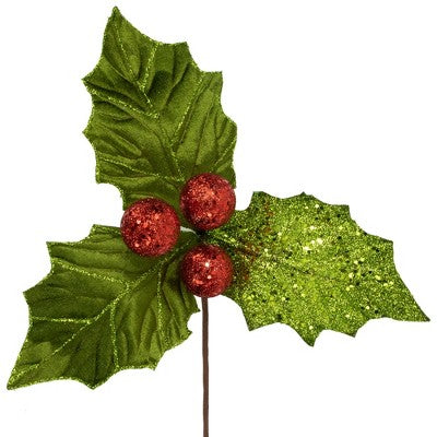  Northlight 19" Glittered Holly With Berry Christmas Stem Spray