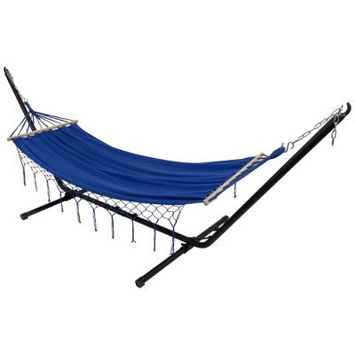  Northlight Hammock With Netted Fringe And Wooden Bars - 100" X 41" - Blue