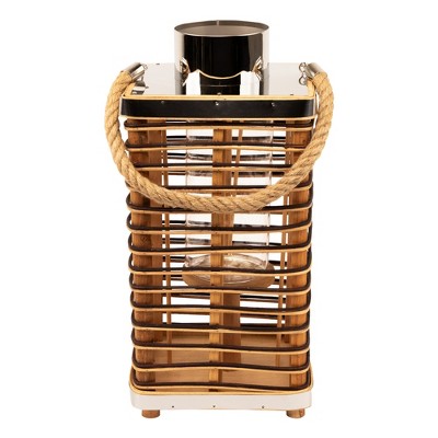  Northlight Rectangular Rattan Glass Candle Lantern With Jute Handle - 15.5"