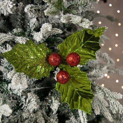  Northlight 19" Glittered Holly With Berry Christmas Stem Spray