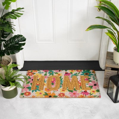  Northlight Pink And Orange Floral "Home" Outdoor Natural Coir Doormat 18" X 30"