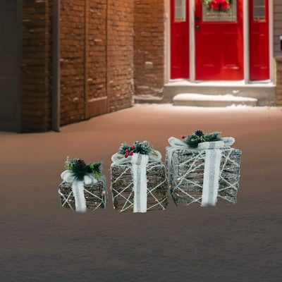 Northlight LED Lighted Gift Boxes With Pine And Berries Christmas Decorations - 9.75" - Set Of 3