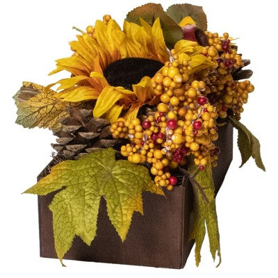  Northlight 10" Yellow And Brown Sunflowers And Leaves Fall Harvest Floral Arrangement