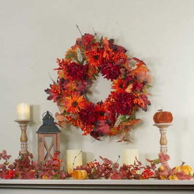  Northlight Leaves And Flowers Fall Harvest Wreath - 24-Inch, Unlit