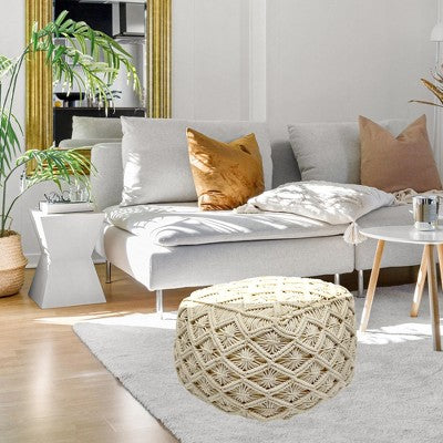  Northlight 18" Beige Handmade Macramé Natural Cotton Square Pouf Ottoman