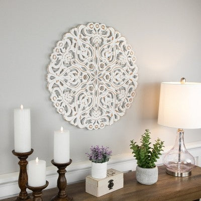  Northlight 24" Brushed Antique White Damask Round Wall Panel