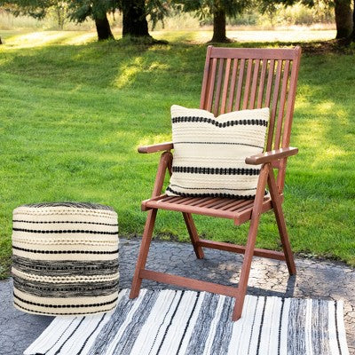  Northlight 18" Striped Cream And Black Outdoor Woven Pouf Ottoman