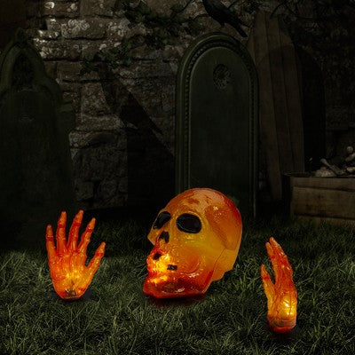 Northlight LED Lighted Skull And Hands Outdoor Halloween Decoration - 4' Black Wire - Orange