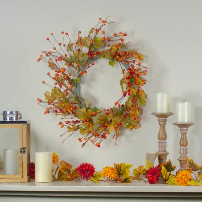  Northlight Orange Berries And Yellow Leaves Fall Harvest Artificial Wreath, 22"
