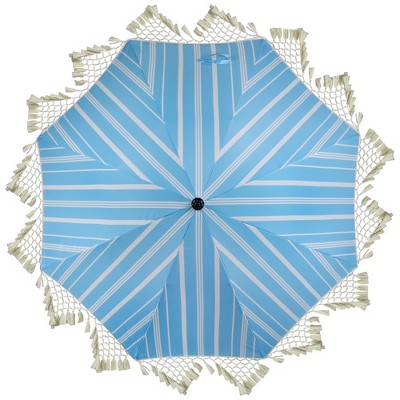  Northlight Striped Outdoor Macrame Boho Beach Market Umbrella With Tilt - 6.5' - Sky Blue And White