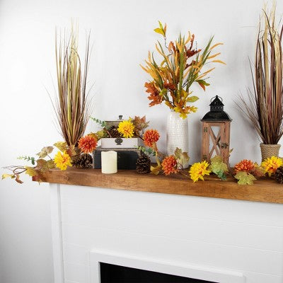  Northlight 5.5' X 6" Autumn Harvest Orange And Yellow Mums With Maple Leaves Garland - Unlit