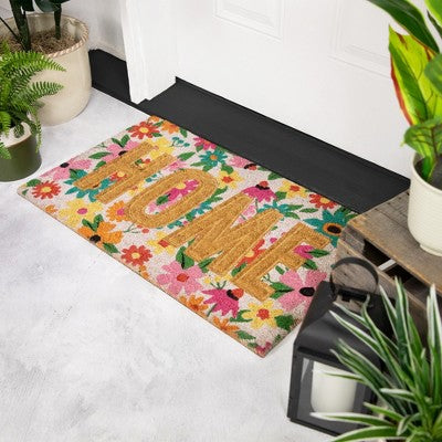  Northlight Pink And Orange Floral "Home" Outdoor Natural Coir Doormat 18" X 30"