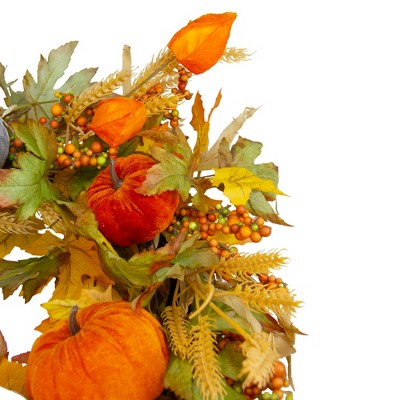  Northlight Velvet Pumpkins And Wheat Artificial Fall Harvest Wreath - 24-Inch, Unlit