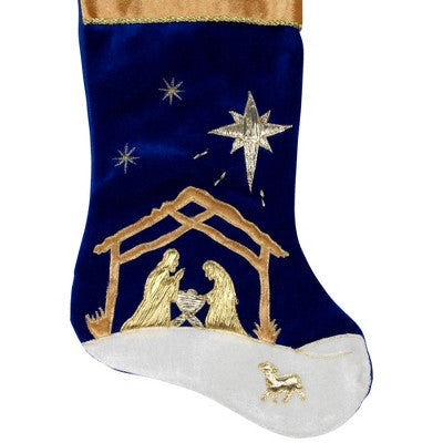  Northlight 20.5" Blue And Gold Nativity Scene Christmas Stocking With Gold Cuff