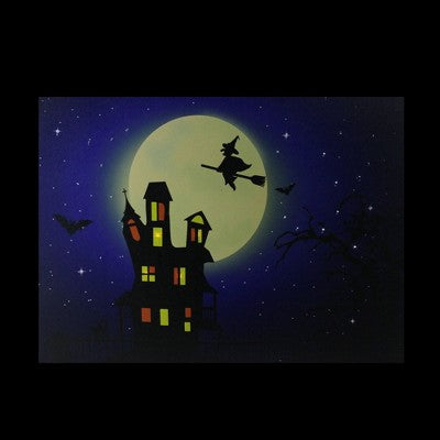  Northlight Fiber Optic And LED Lighted Witch In The Moon Halloween Canvas Wall Art 12" X 15.75"