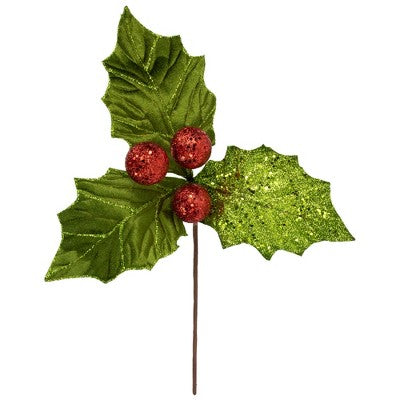  Northlight 19" Glittered Holly With Berry Christmas Stem Spray