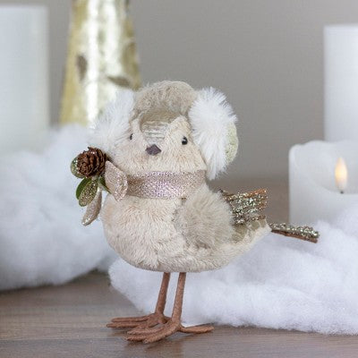  Northlight 6" Beige And White Plush Bird In Earmuffs Christmas Figure
