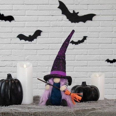  Northlight 14" Black And Purple Witch Gnome With Broom Indoor Halloween Figure