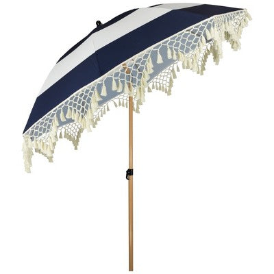  Northlight Striped Outdoor Tilting Macrame Boho Beach Market Umbrella - 6.5' - Blue And White