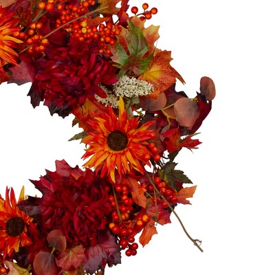  Northlight Leaves And Flowers Fall Harvest Wreath - 24-Inch, Unlit