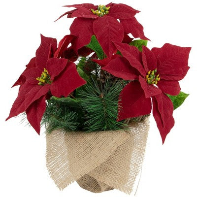  Northlight 13.5" Red Poinsettia With Pine Cones Artificial Christmas Floral Arrangement