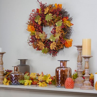  Northlight Maple Leaf And Berry Twig Artificial Fall Harvest Wreath, 22-Inch