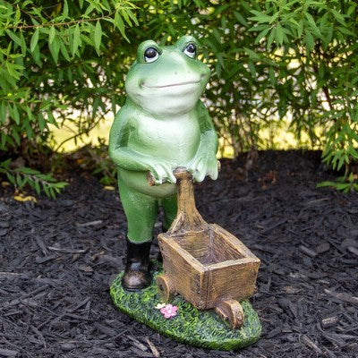  Northlight 11.5" Green Frog Pushing Wheelbarrow Outdoor Garden Statue