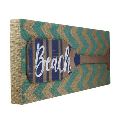  Northlight Aqua Blue Chevron Burlap With “Beach” Wood Look Oar Linen Wall Art 24”