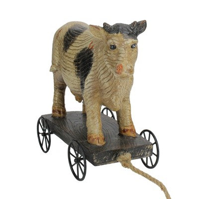  Northlight 10.25" Black And White Wood Textured Cow On Cart Outdoor Garden Statue
