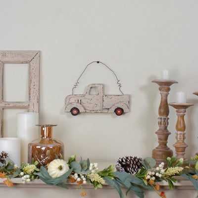  Northlight 11.75" White Wooden Pick Up Truck Fall Harvest Wall Hanging