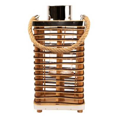  Northlight Rectangular Rattan Glass Candle Lantern With Jute Handle - 15.5"