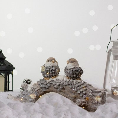 Northlight LED Lighted Rustic Glittered Birds On A Snowy Log Christmas Decoration - 18"