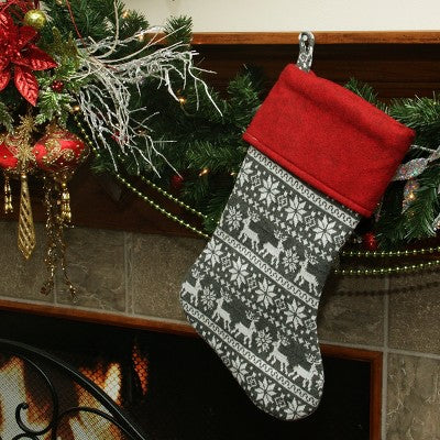  Northlight 19" Festive Grey, White And Red Snowflakes & Reindeer Knit Christmas Stocking