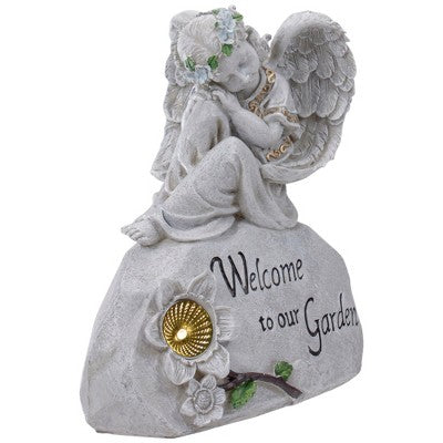  Northlight 9.25" Gray Solar Powered "Welcome To Our Garden" Angel Outdoor Garden Statue