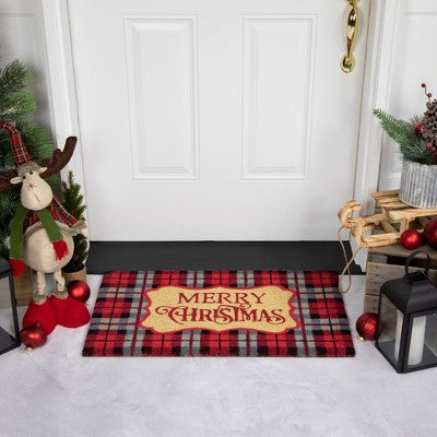  Northlight Red And Black Plaid "Merry Christmas" Rectangular Doormat 18" X 30"