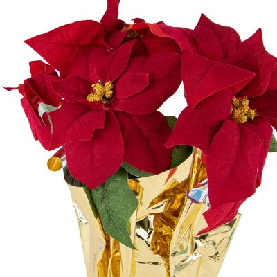  Northlight 16" Red Artificial Christmas Poinsettia Arrangement With Gold Wrapped Pot