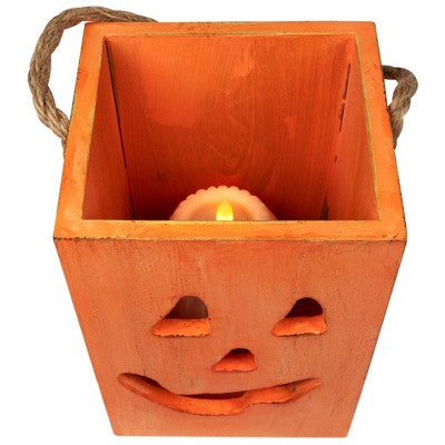  Northlight Small Orange Wood Jack O Lantern Halloween Candle Lantern - 6.25"