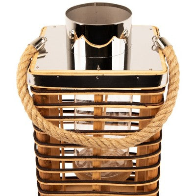 Northlight Rectangular Rattan Glass Candle Lantern With Jute Handle - 15.5"