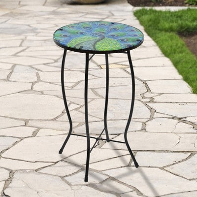  Northlight 19" Blue And Green Peacock Glass Patio Side Table